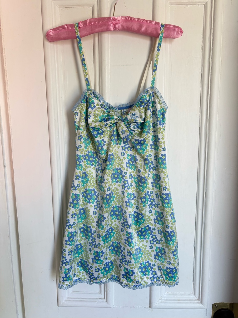 Y2K Vintage Floral Blue & Green Slip Dress with Bow Front and Frill Trim